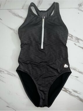 RBX Black Front-Zip Athletic One-Piece bikini Mesh back Size Large NWT